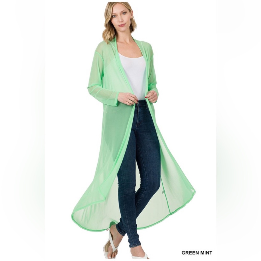 NWT Zenana Sheer Mint Green Open Front Long Cardigan